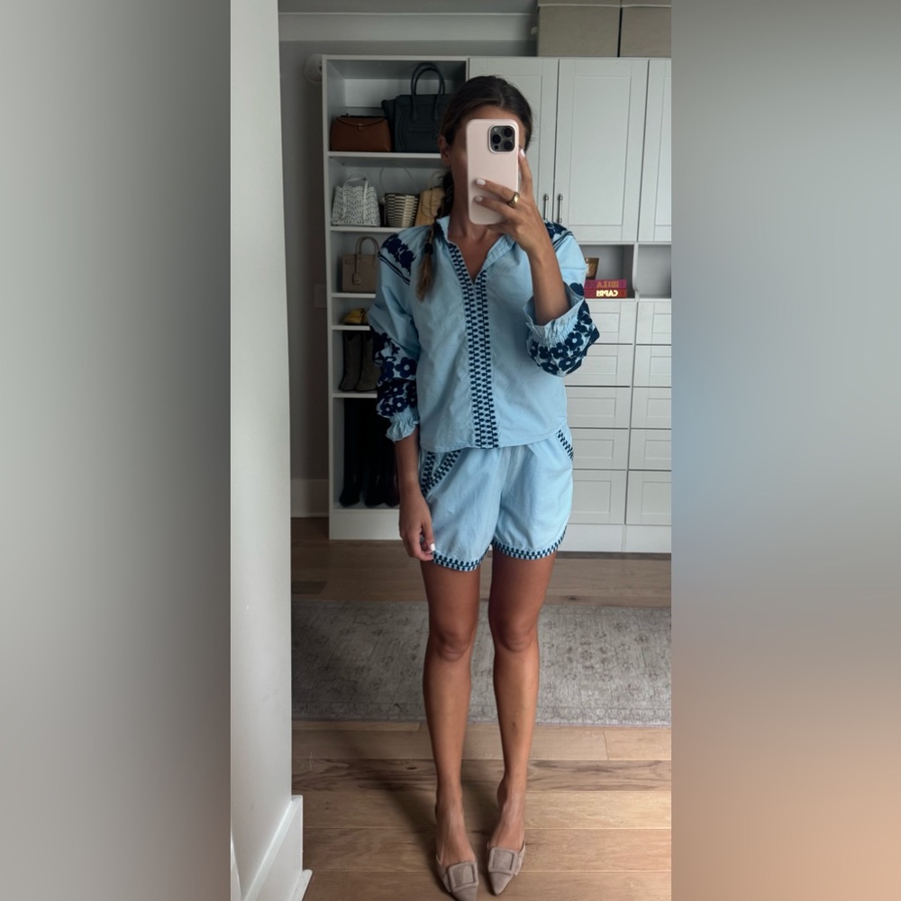 Light Blue Embroidered Two-Piece Lounge Set
